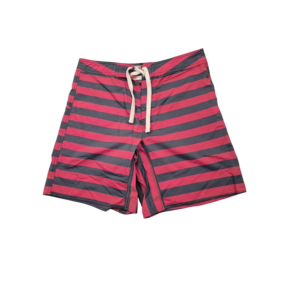 Wellen Mens Striped Board Shorts Pink Navy Blue Surf Trunks Size 32 Made in USA
